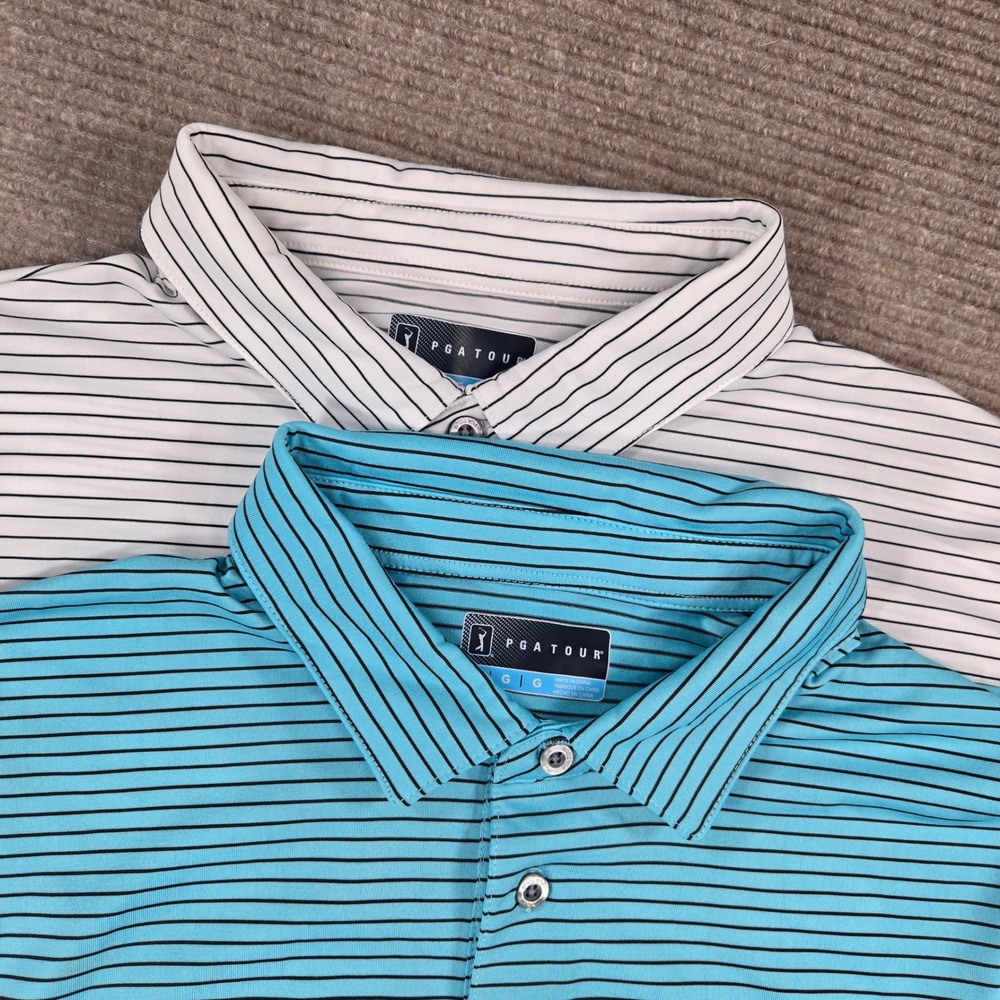PGA Tour Mens Large Blue White Striped Performance Golf Polo Shirt Lot of 2